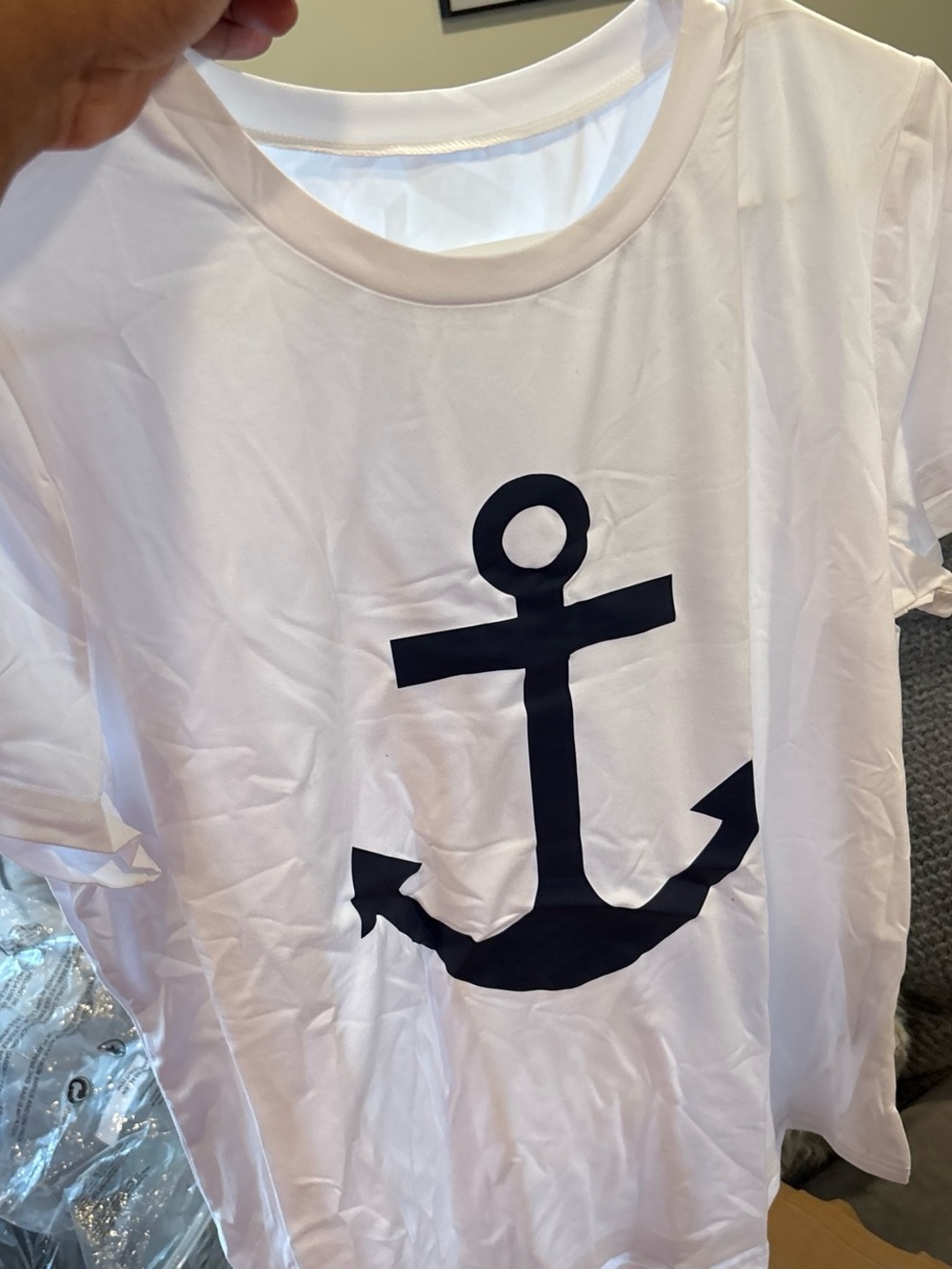 SHEIN White Tee with Navy Anchor Graphic